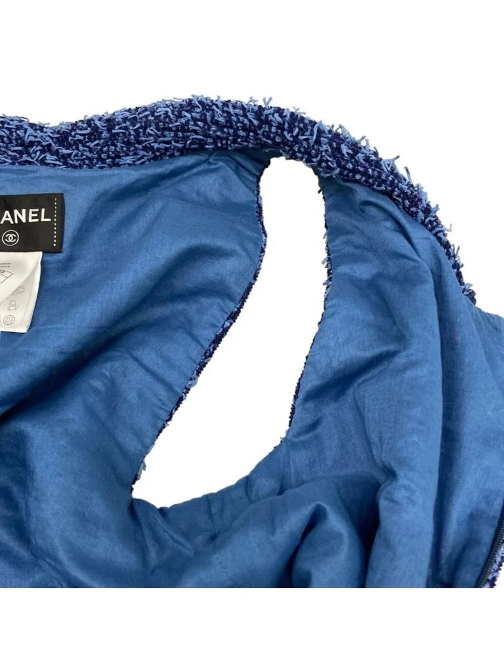 Chanel Dress 38 M Blue Tweed Zip Up Cotton